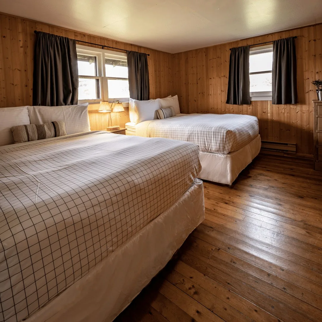 Woodside Cabin bedroom with two beds and pine walls at Killarney Mountain Lodge
