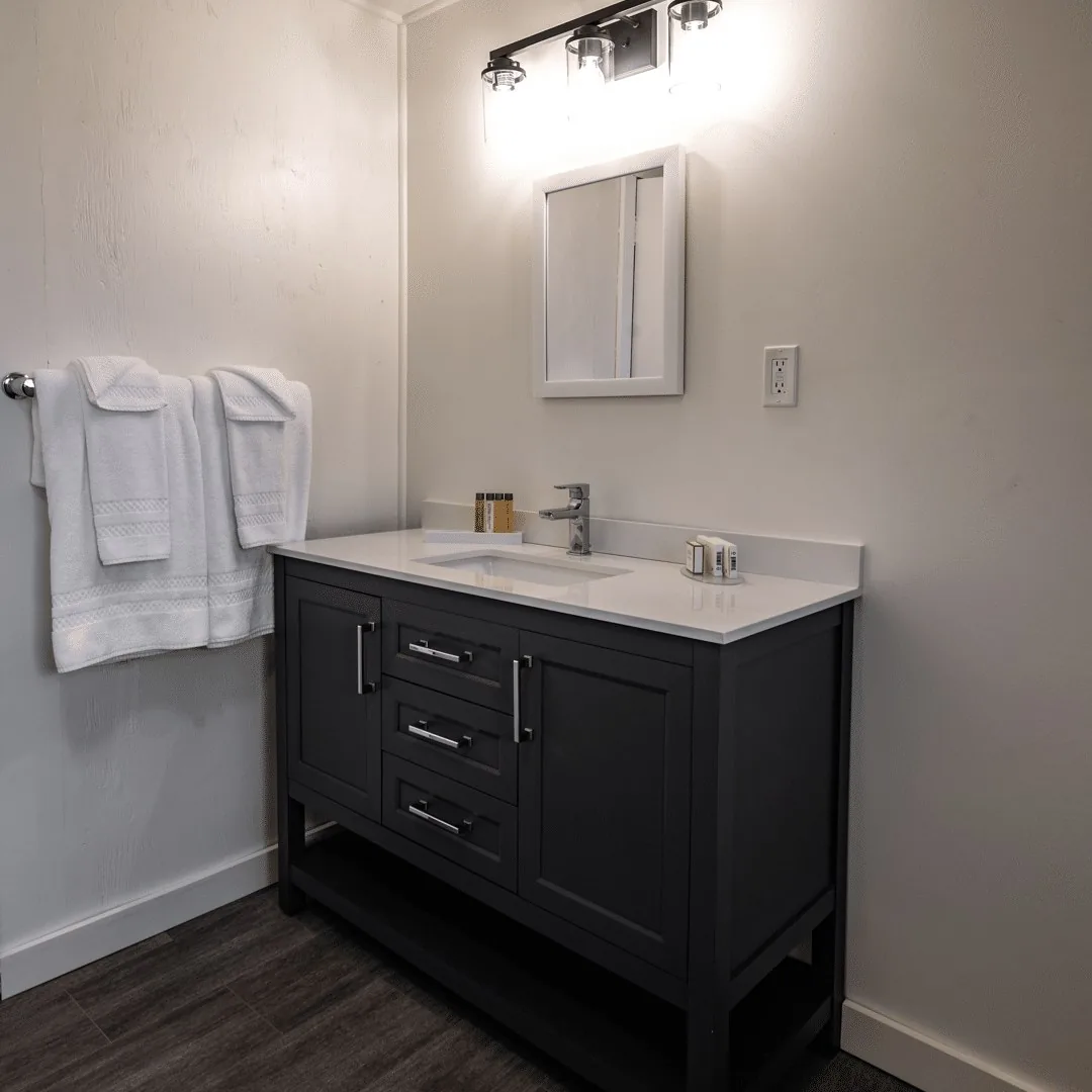 Woodside Cabin bathroom with a dark vanity at Killarney Mountain Lodge