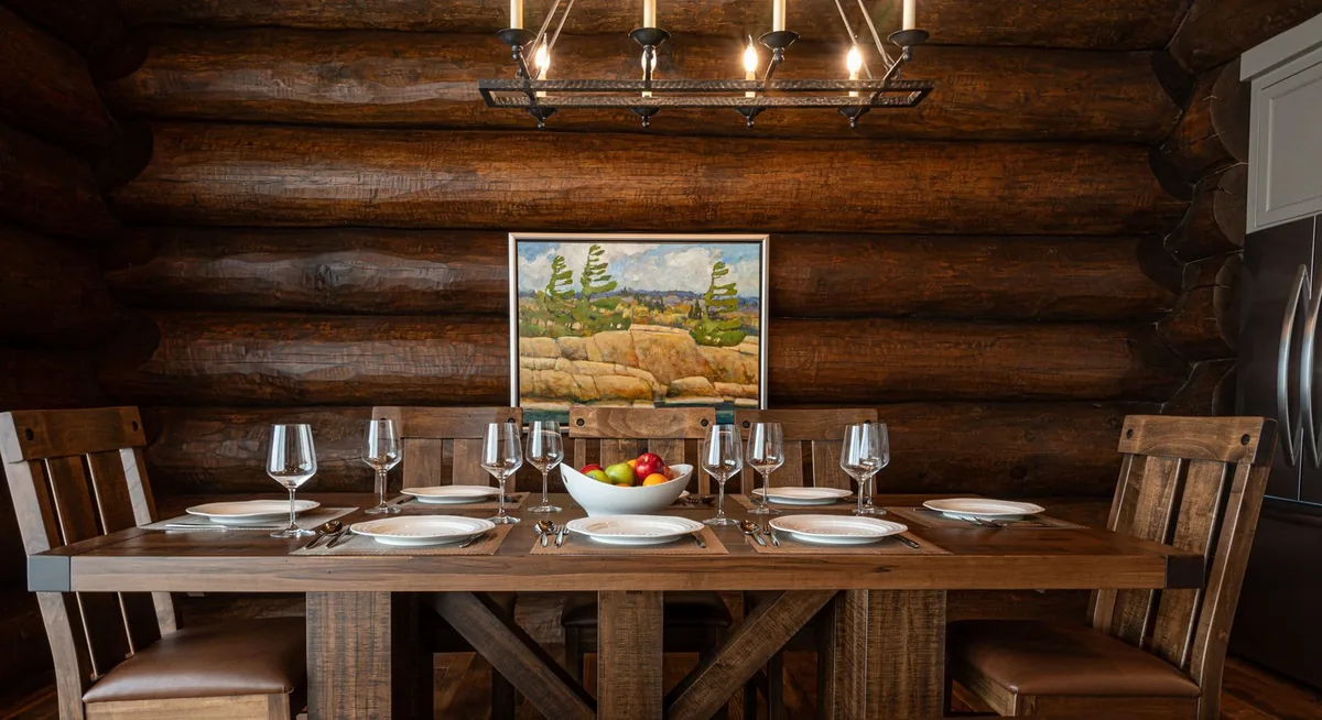 Dining table set beneath a chandelier in a log cabin at Killarney Mountain Lodge
