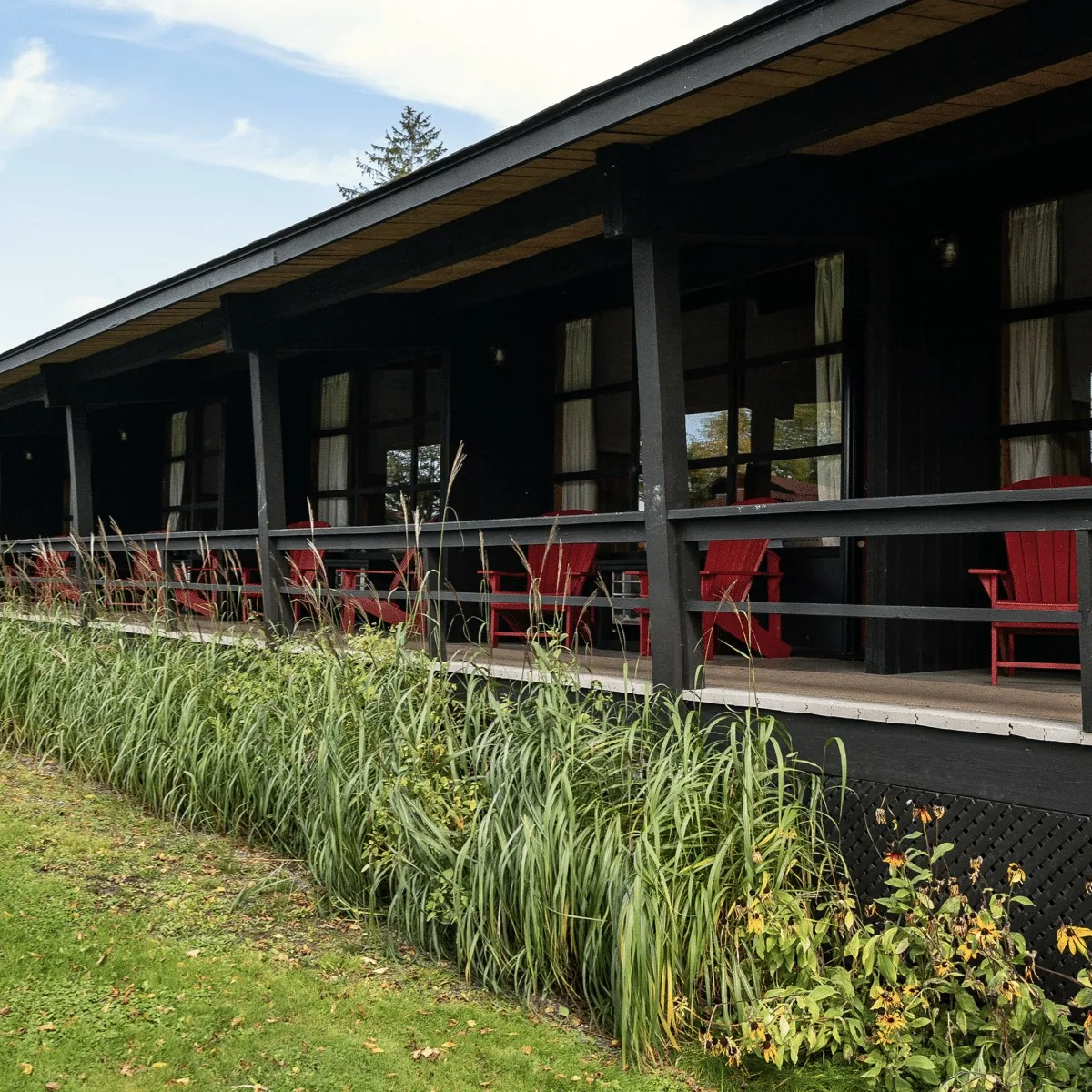 Shared Pine Lodge porch with red chairs at Killarney Mountain Lodge