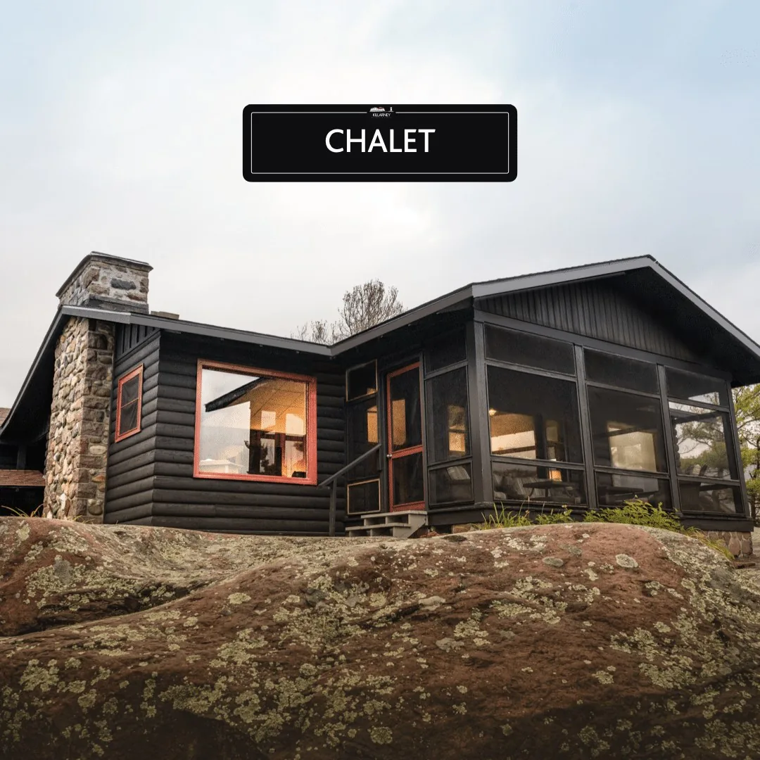 The Chalet exterior on exposed granite in the green season at Killarney Mountain Lodge