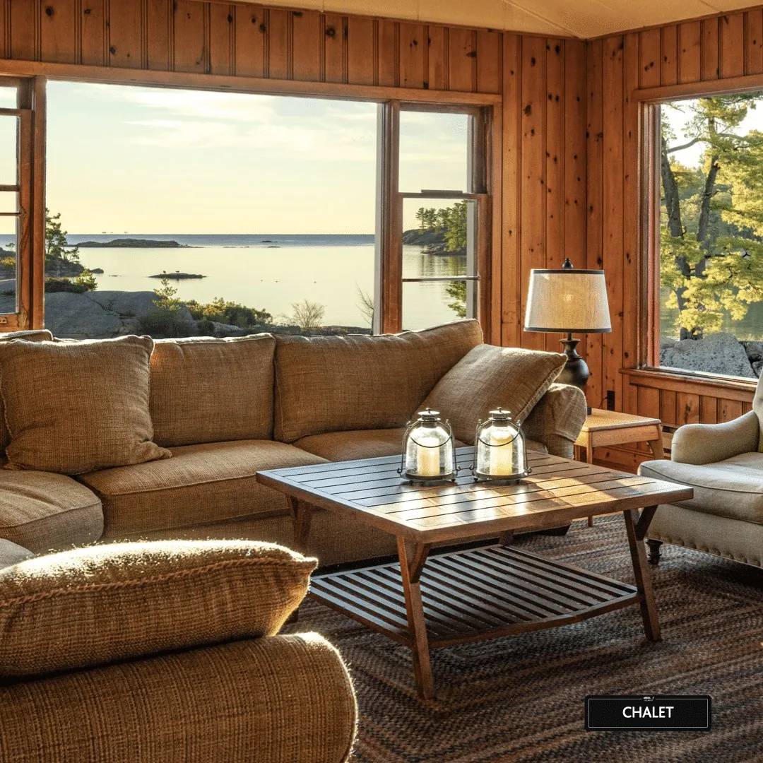 The Chalet living room with a sofa and channel-facing windows at Killarney Mountain Lodge