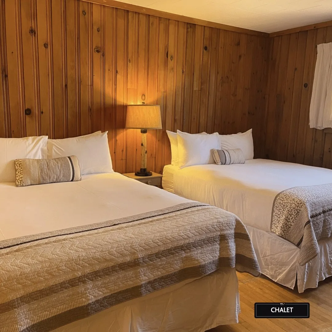 The Chalet bedroom with two beds and pine-paneled walls at Killarney Mountain Lodge