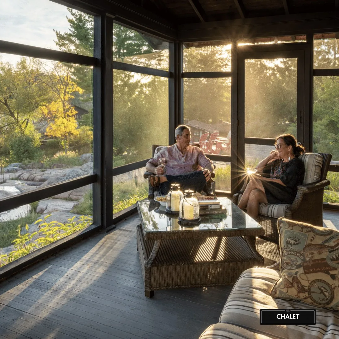 Guests relaxing in the screened porch at The Chalet at Killarney Mountain Lodge