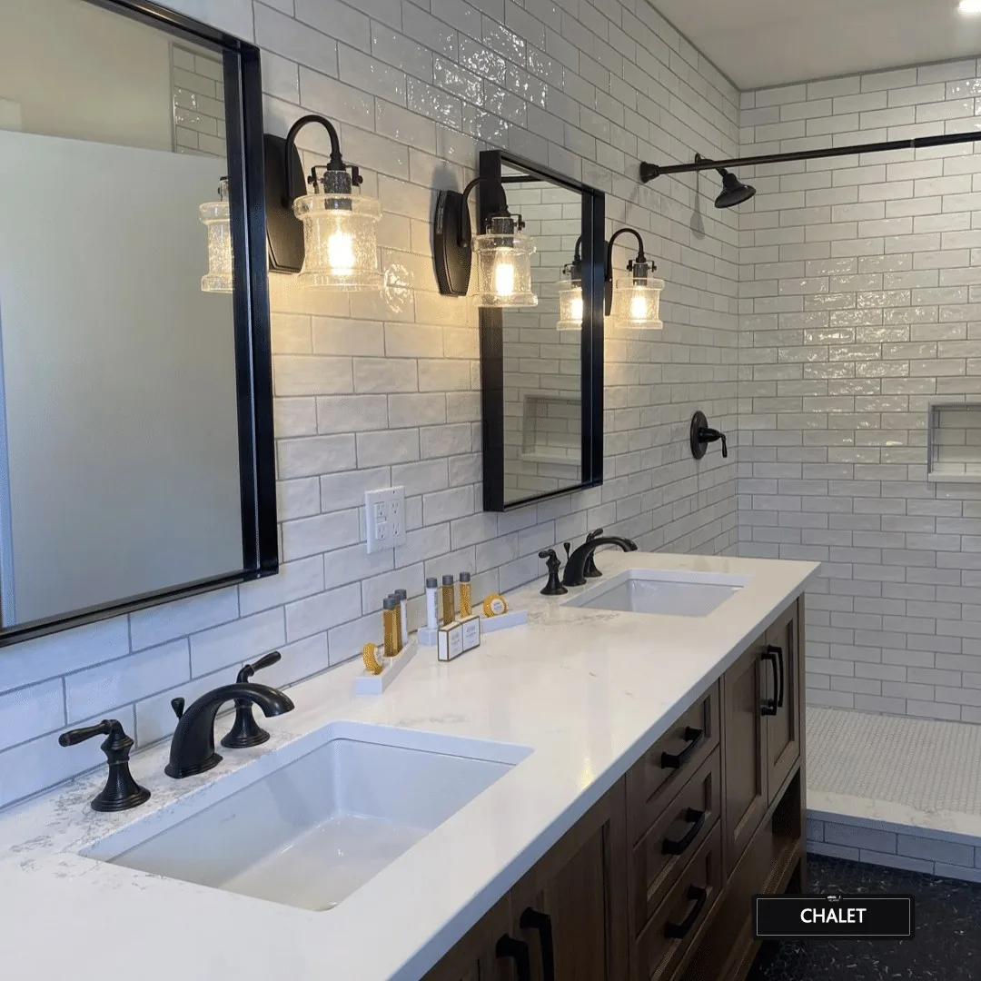 The Chalet bathroom with a double vanity and tiled shower at Killarney Mountain Lodge