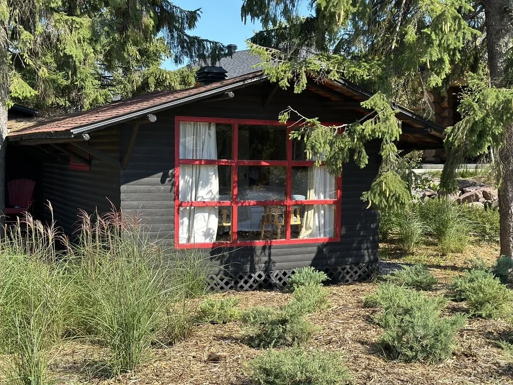 Killarney Cabin exterior among grass and evergreens at Killarney Mountain Lodge