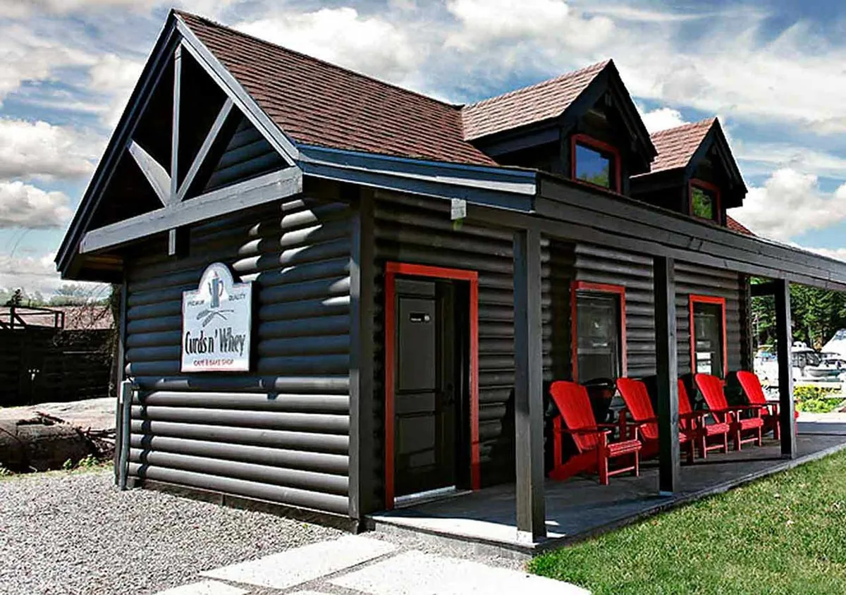The Curds ’N Whey waterfront café exterior, photographed in the summer season.